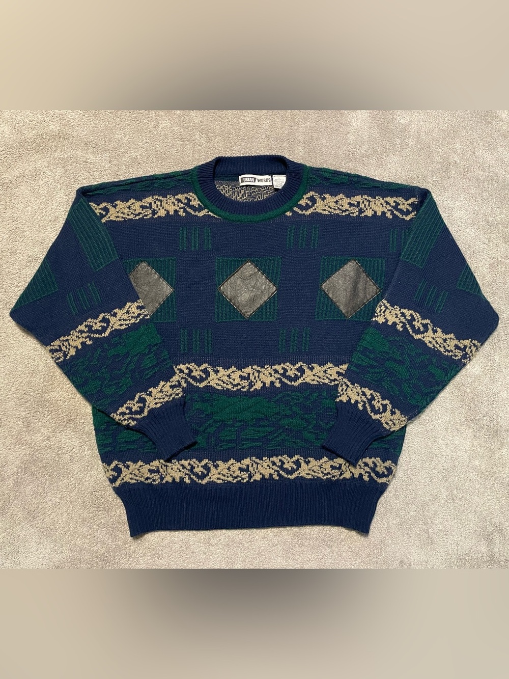 Vintage 90s Cosby Style Abstract Knit Sweater Mens Large Leather Patch Boxy Fit